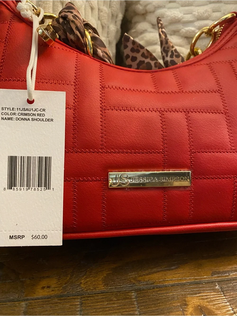 Jessica Simpson Red Quilted Shoulder Bag with Leopard Scarf Handle